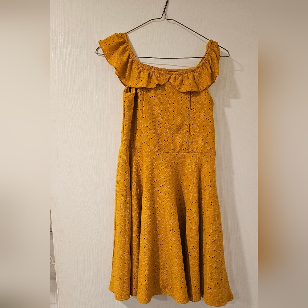 KNIT WORKS Mustard Yellow Eyelet Off-Shoulder Dress GIRLS